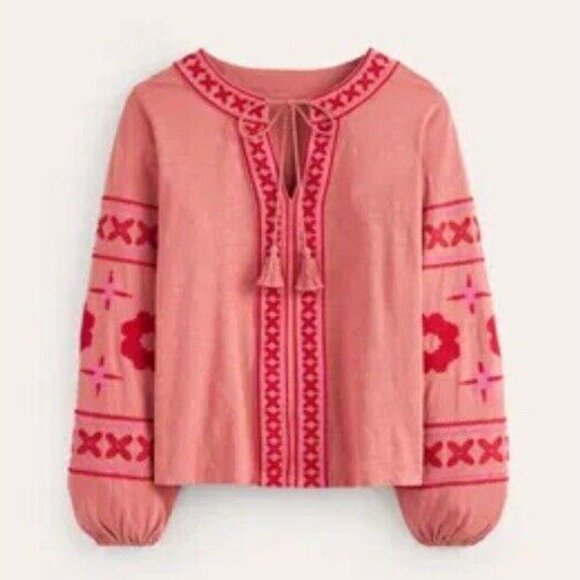 Boden Diana Embroidered Tunic Top Red Pink Long Sleeve Tie Neck Size US Sz 6 - Picture 3 of 11